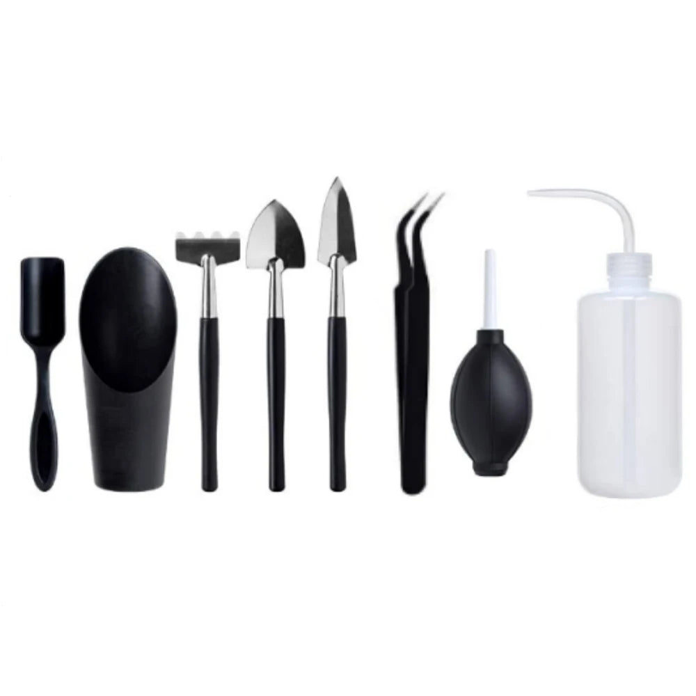 Kit de herramientas de jardinería para plantas suculentas y bonsáis; set de herramientas manuales en miniatura para trasplante y cuidado de plántulas en interiores.