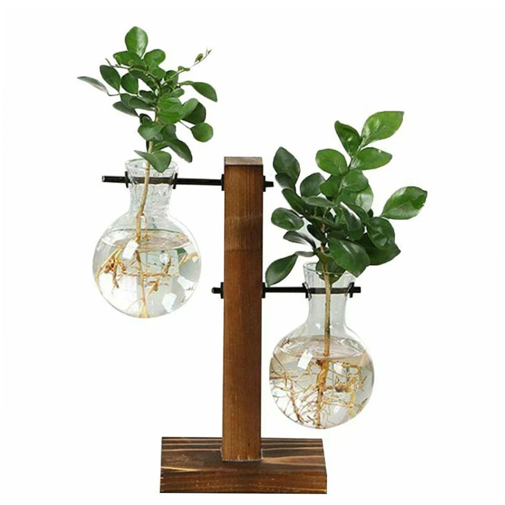 Macetero de escritorio creativo, jarrón de bulbo con soporte de madera, contenedor para plantas hidropónicas, decoración para el hogar y la mesa.