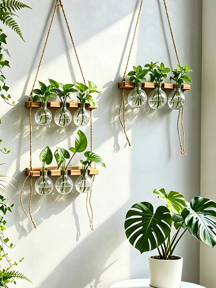 Maceta colgante, estilo bohemio con cuerda, ideal para montar en la pared. Jarrón para plantas acuáticas, perfecto para interiores, dormitorios, balcones y decoración del hogar.