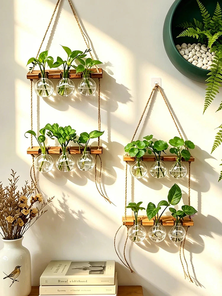 Maceta colgante, estilo bohemio con cuerda, ideal para montar en la pared. Jarrón para plantas acuáticas, perfecto para interiores, dormitorios, balcones y decoración del hogar.