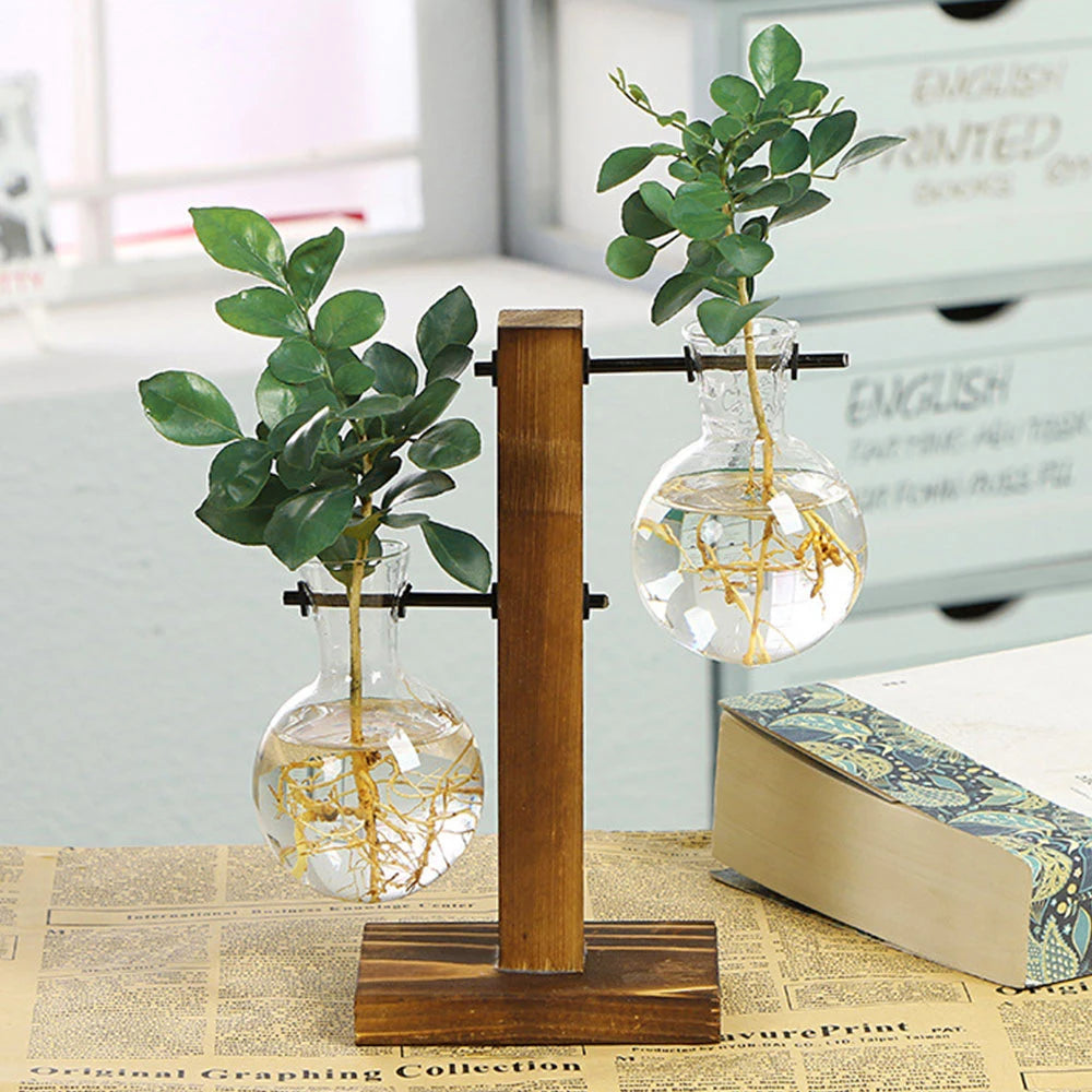 Macetero de escritorio creativo, jarrón de bulbo con soporte de madera, contenedor para plantas hidropónicas, decoración para el hogar y la mesa.