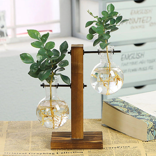Macetero de escritorio creativo, jarrón de bulbo con soporte de madera, contenedor para plantas hidropónicas, decoración para el hogar y la mesa.