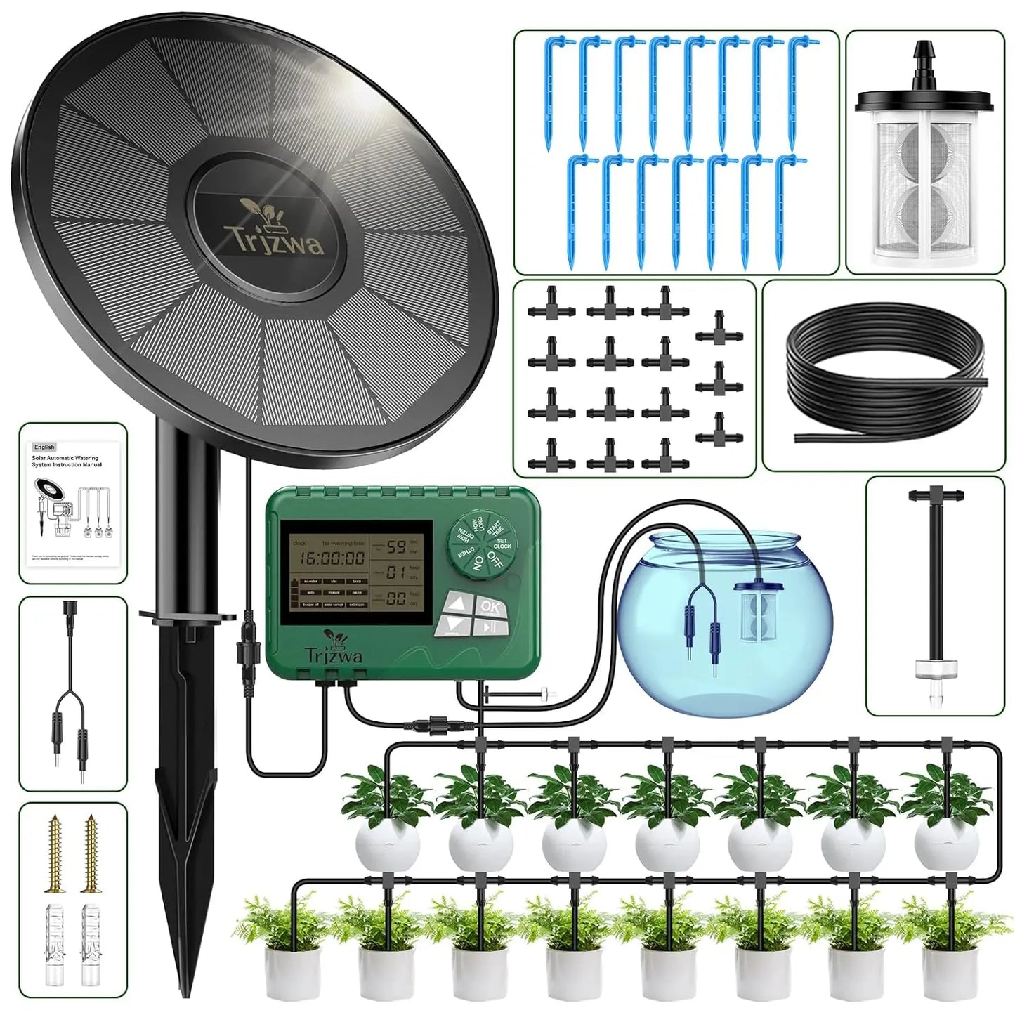 Equipo de riego solar para invernaderos. Kit de riego por goteo con manguera de 15 m para plantas en maceta con temporizador automático.