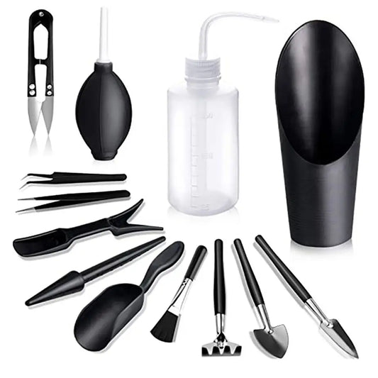 Kit de herramientas de jardinería para plantas suculentas y bonsáis; set de herramientas manuales en miniatura para trasplante y cuidado de plántulas en interiores.