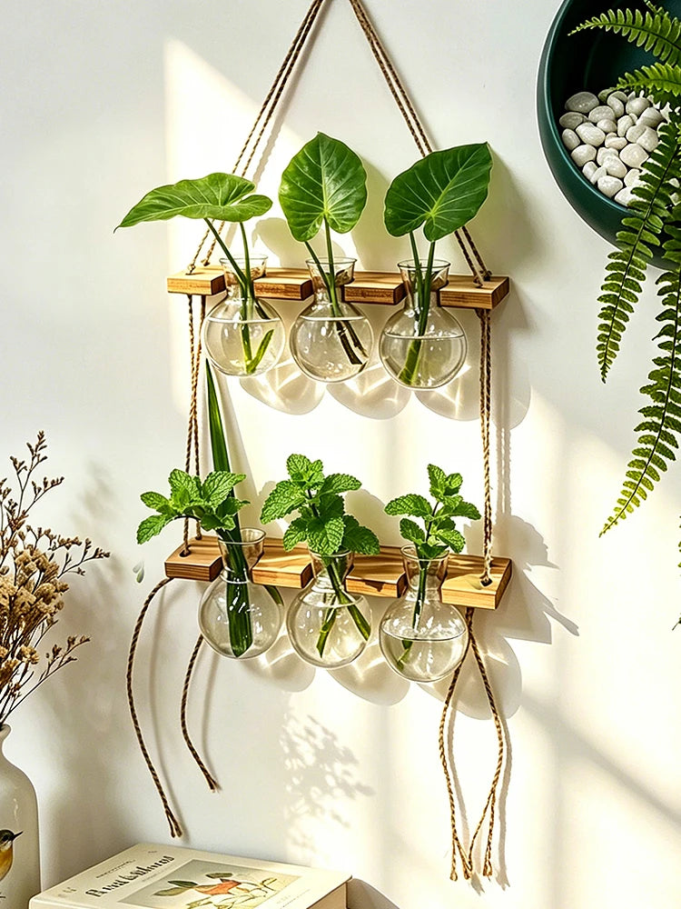 Maceta colgante, estilo bohemio con cuerda, ideal para montar en la pared. Jarrón para plantas acuáticas, perfecto para interiores, dormitorios, balcones y decoración del hogar.