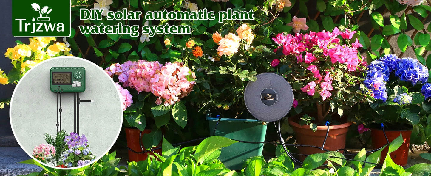 Equipo de riego solar para invernaderos. Kit de riego por goteo con manguera de 15 m para plantas en maceta con temporizador automático.