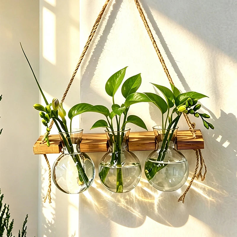 Maceta colgante, estilo bohemio con cuerda, ideal para montar en la pared. Jarrón para plantas acuáticas, perfecto para interiores, dormitorios, balcones y decoración del hogar.