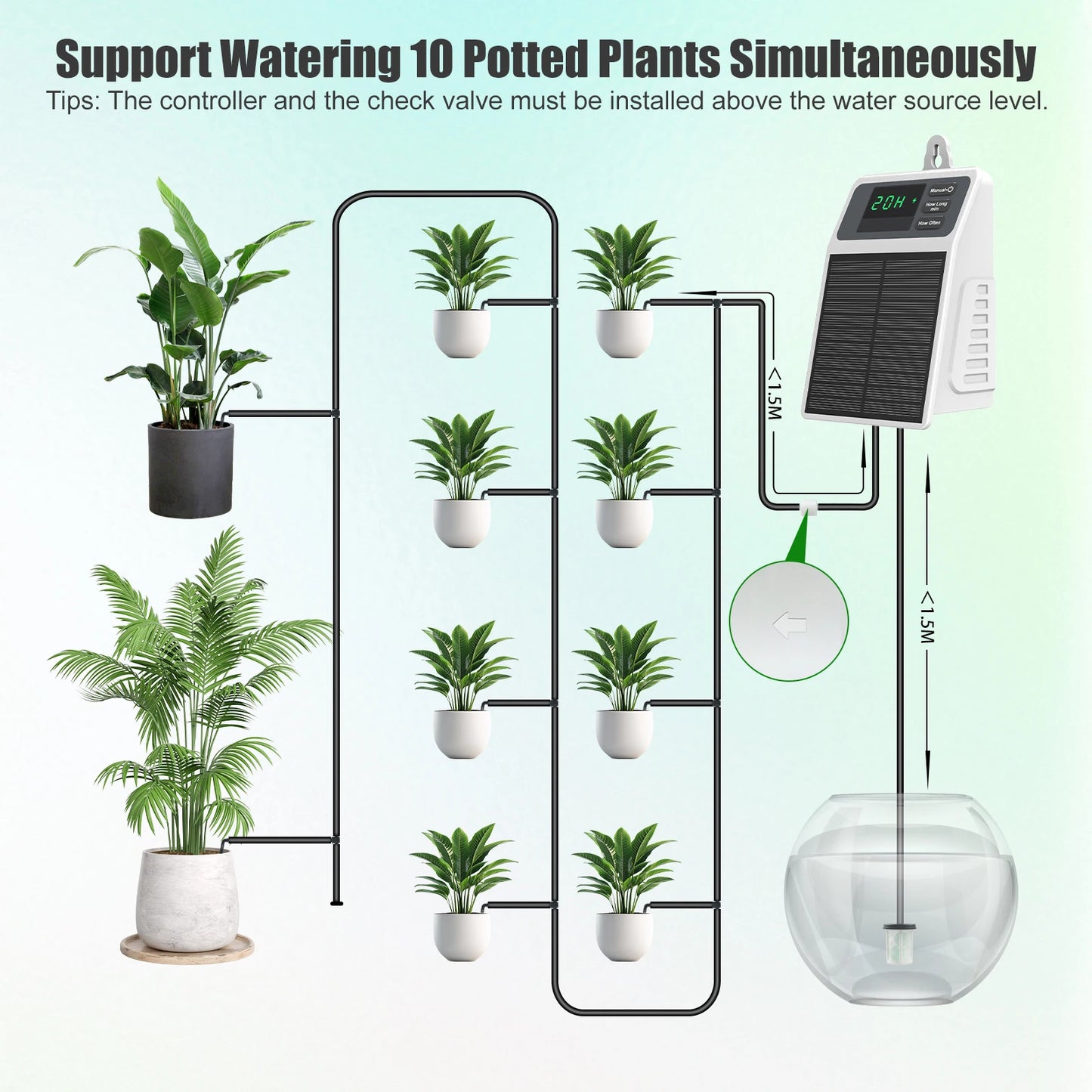 Sistema de riego por goteo solar mejorado. Riego automático de plantas para el hogar, jardín, balcón, invernadero y plantas colgantes.