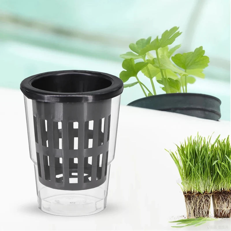 10 unidades/lote de macetas de malla negras para cultivo de hortalizas sin tierra, cestas de cultivo hidropónico para plantas, macetas de raíces fijas