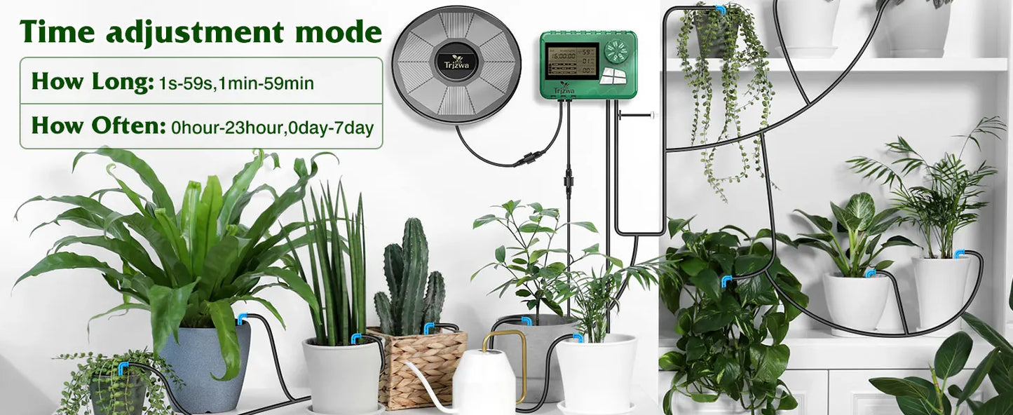 Equipo de riego solar para invernaderos. Kit de riego por goteo con manguera de 15 m para plantas en maceta con temporizador automático.