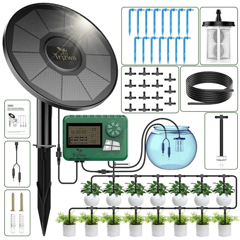 Equipo de riego solar para invernaderos. Kit de riego por goteo con manguera de 15 m para plantas en maceta con temporizador automático.