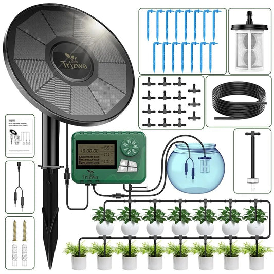 Equipo de riego solar para invernaderos. Kit de riego por goteo con manguera de 15 m para plantas en maceta con temporizador automático.