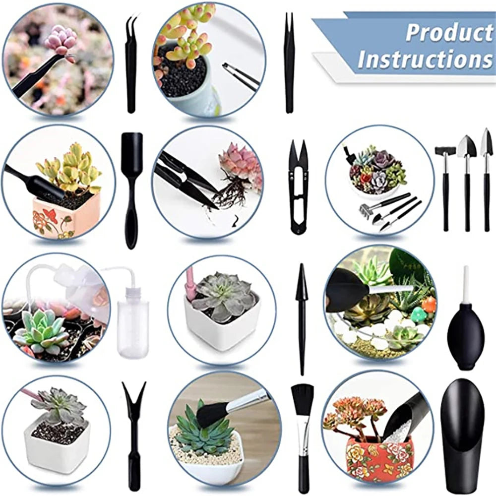 Kit de herramientas de jardinería para plantas suculentas y bonsáis; set de herramientas manuales en miniatura para trasplante y cuidado de plántulas en interiores.