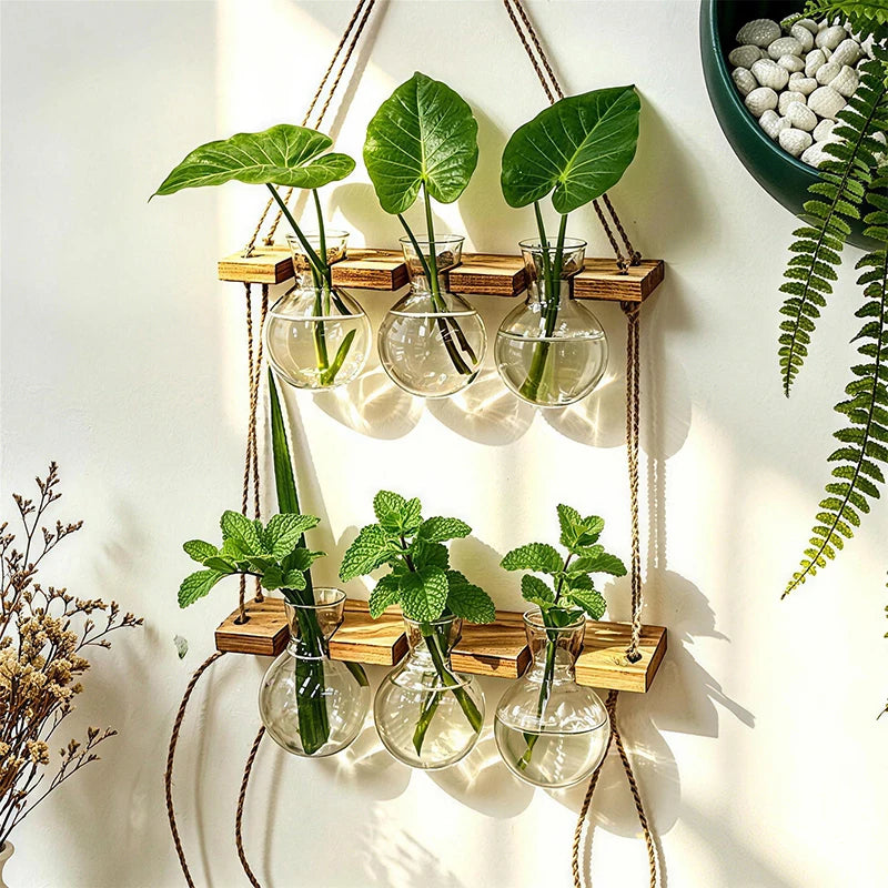 Maceta colgante, estilo bohemio con cuerda, ideal para montar en la pared. Jarrón para plantas acuáticas, perfecto para interiores, dormitorios, balcones y decoración del hogar.