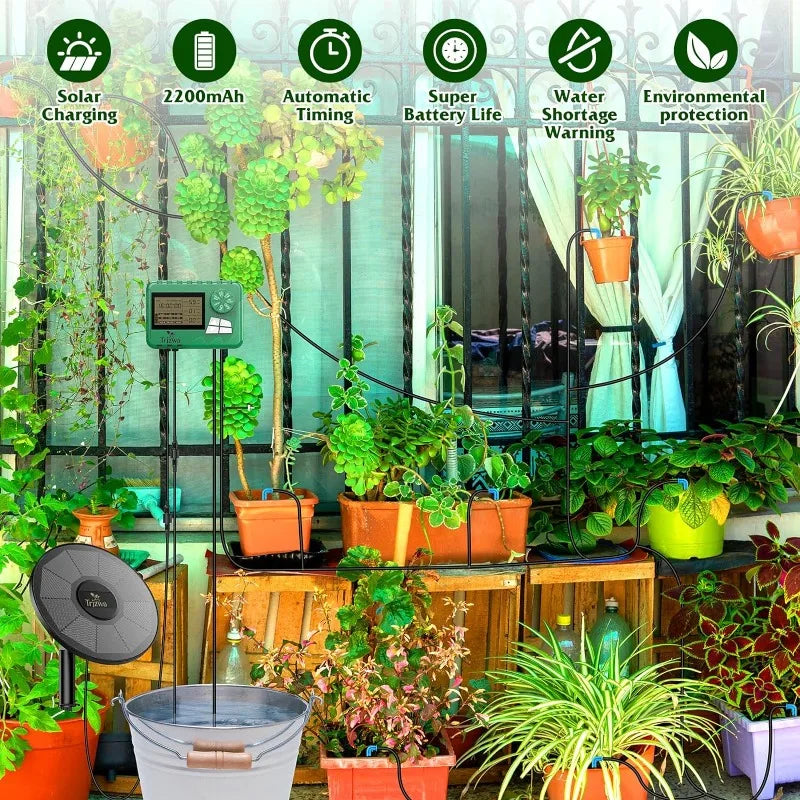 Equipo de riego solar para invernaderos. Kit de riego por goteo con manguera de 15 m para plantas en maceta con temporizador automático.