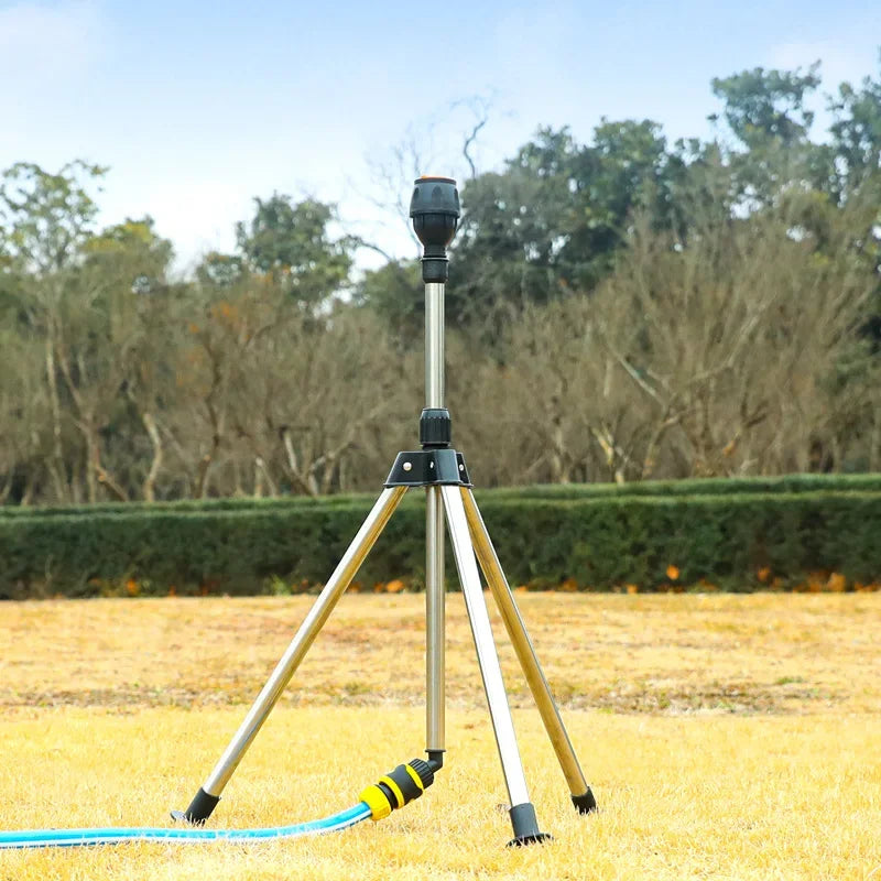 Aspersor automático giratorio de 360 grados para jardín, trípode de acero inoxidable, soporte de riego, herramienta de riego por chorro de agua para césped y jardín.