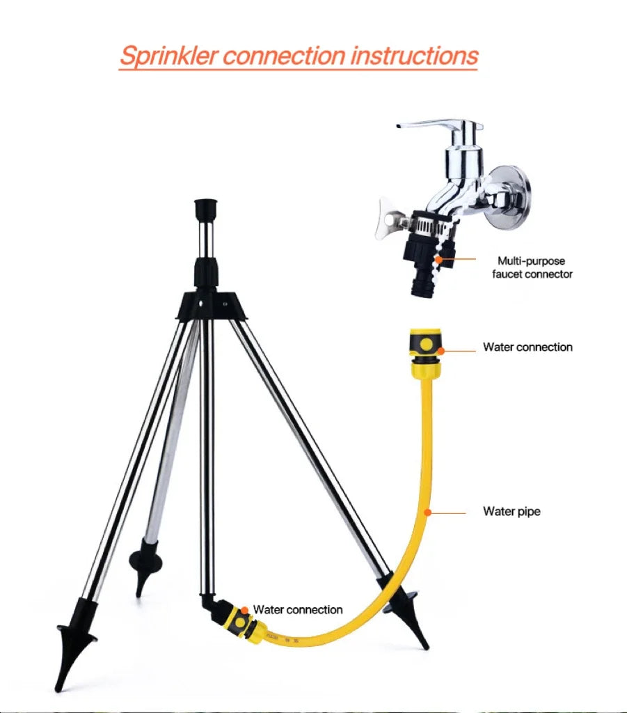 Aspersor automático giratorio de 360 grados para jardín, trípode de acero inoxidable, soporte de riego, herramienta de riego por chorro de agua para césped y jardín.
