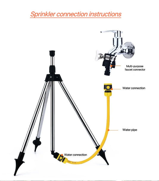 Aspersor automático giratorio de 360 grados para jardín, trípode de acero inoxidable, soporte de riego, herramienta de riego por chorro de agua para césped y jardín.