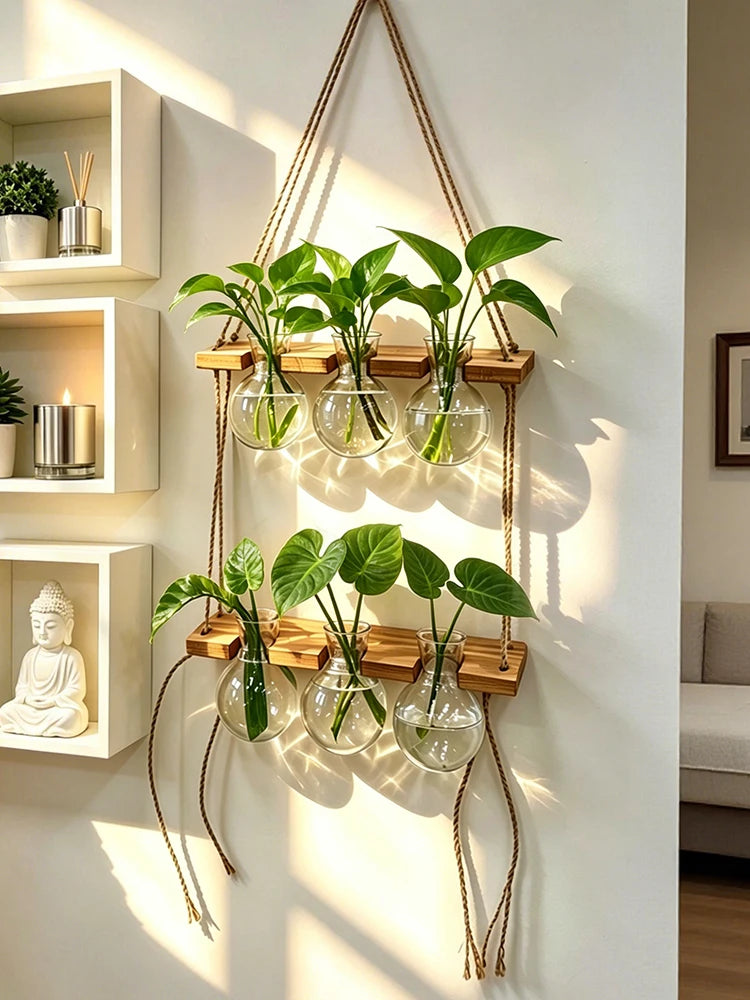 Maceta colgante, estilo bohemio con cuerda, ideal para montar en la pared. Jarrón para plantas acuáticas, perfecto para interiores, dormitorios, balcones y decoración del hogar.