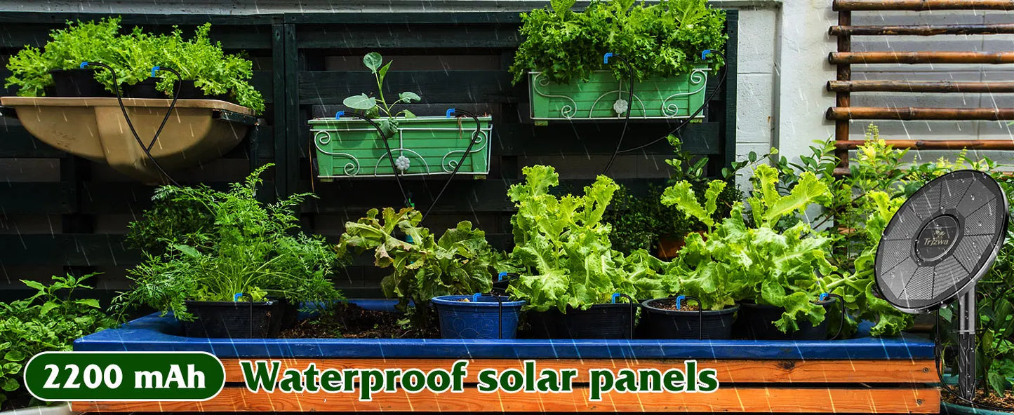 Equipo de riego solar para invernaderos. Kit de riego por goteo con manguera de 15 m para plantas en maceta con temporizador automático.