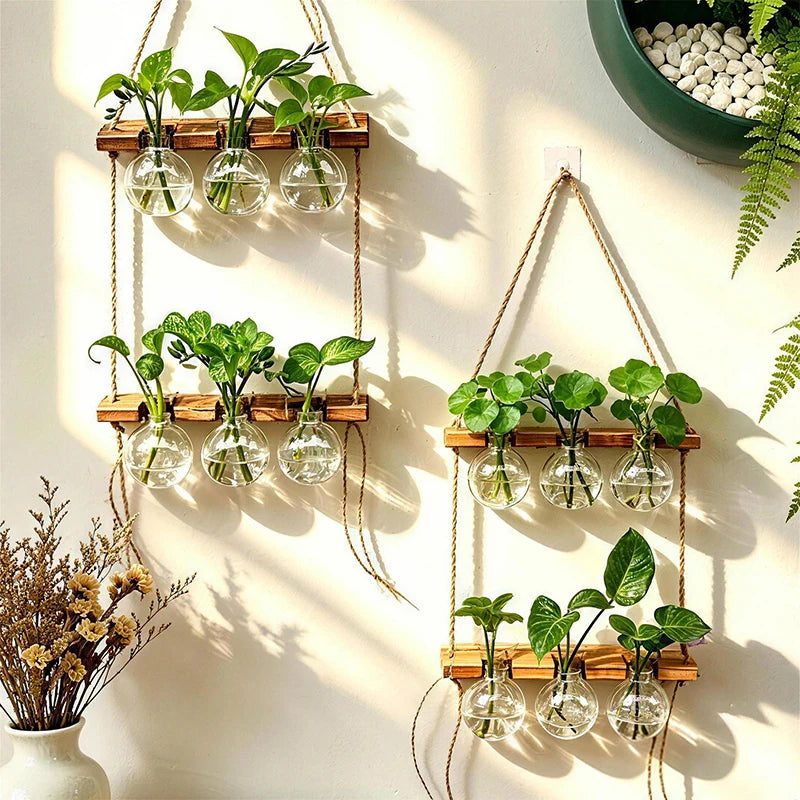 Maceta colgante, estilo bohemio con cuerda, ideal para montar en la pared. Jarrón para plantas acuáticas, perfecto para interiores, dormitorios, balcones y decoración del hogar.