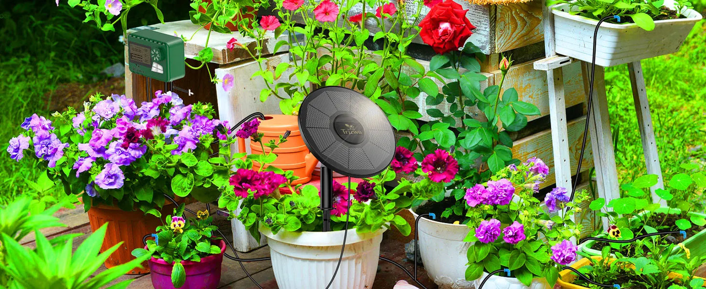 Equipo de riego solar para invernaderos. Kit de riego por goteo con manguera de 15 m para plantas en maceta con temporizador automático.