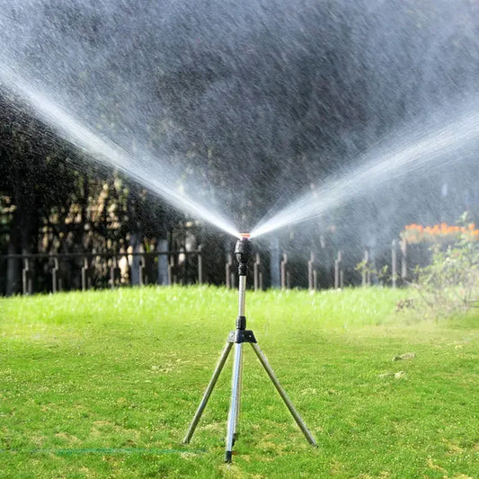 Aspersor automático giratorio de 360 grados para jardín, trípode de acero inoxidable, soporte de riego, herramienta de riego por chorro de agua para césped y jardín.
