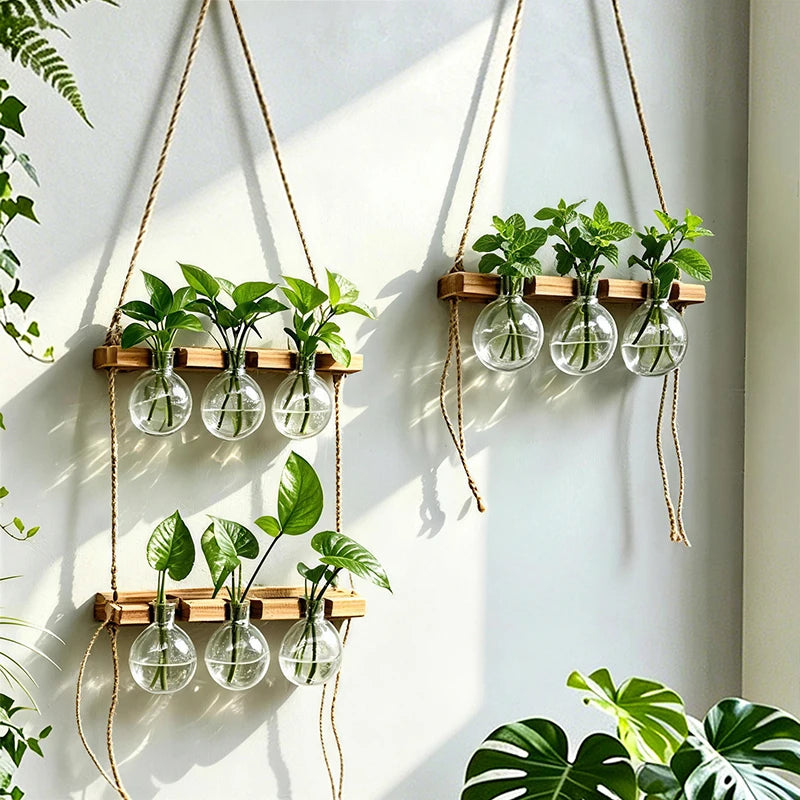 Maceta colgante, estilo bohemio con cuerda, ideal para montar en la pared. Jarrón para plantas acuáticas, perfecto para interiores, dormitorios, balcones y decoración del hogar.