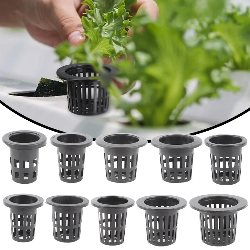10 unidades/lote de macetas de malla negras para cultivo de hortalizas sin tierra, cestas de cultivo hidropónico para plantas, macetas de raíces fijas