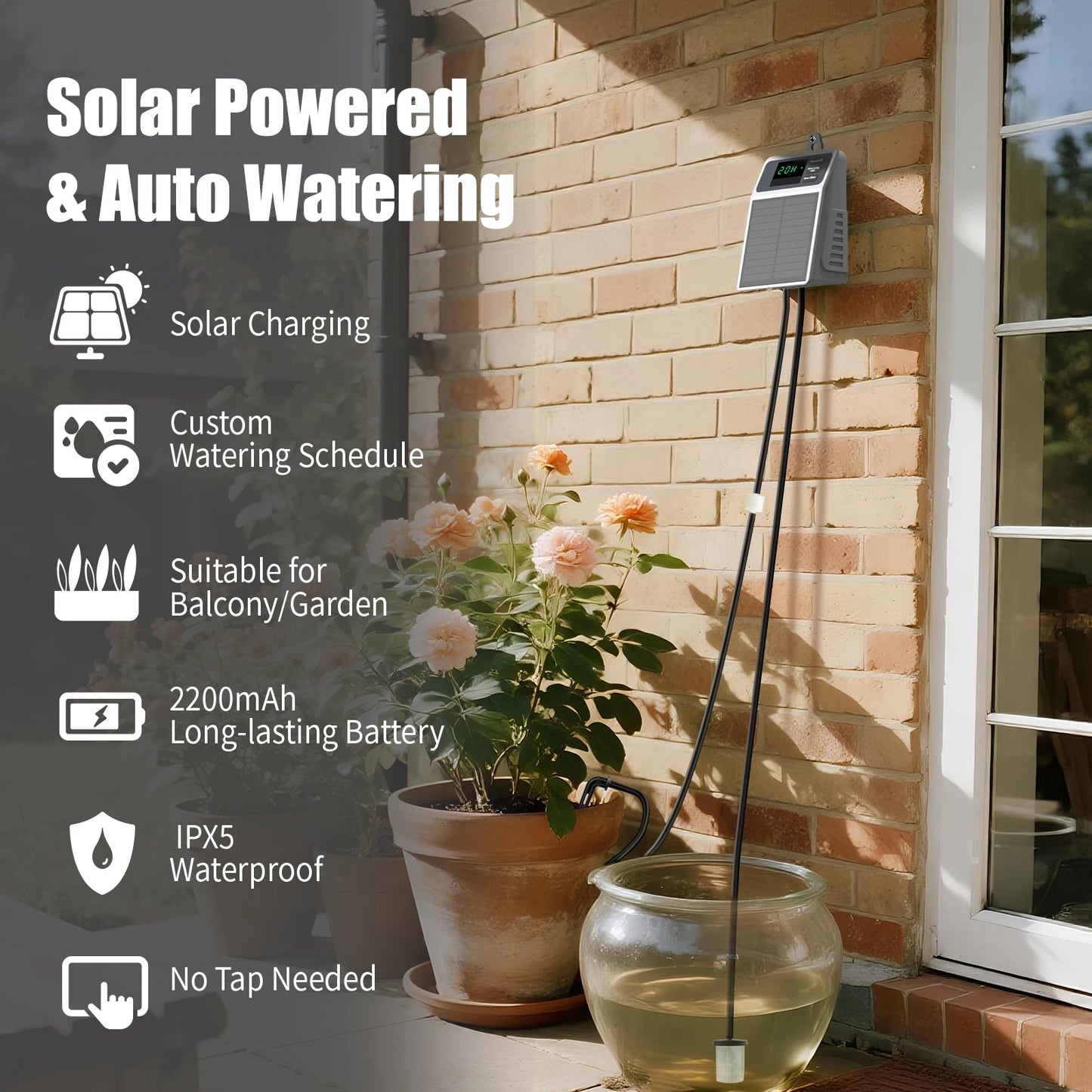 Sistema de riego por goteo solar mejorado. Riego automático de plantas para el hogar, jardín, balcón, invernadero y plantas colgantes.