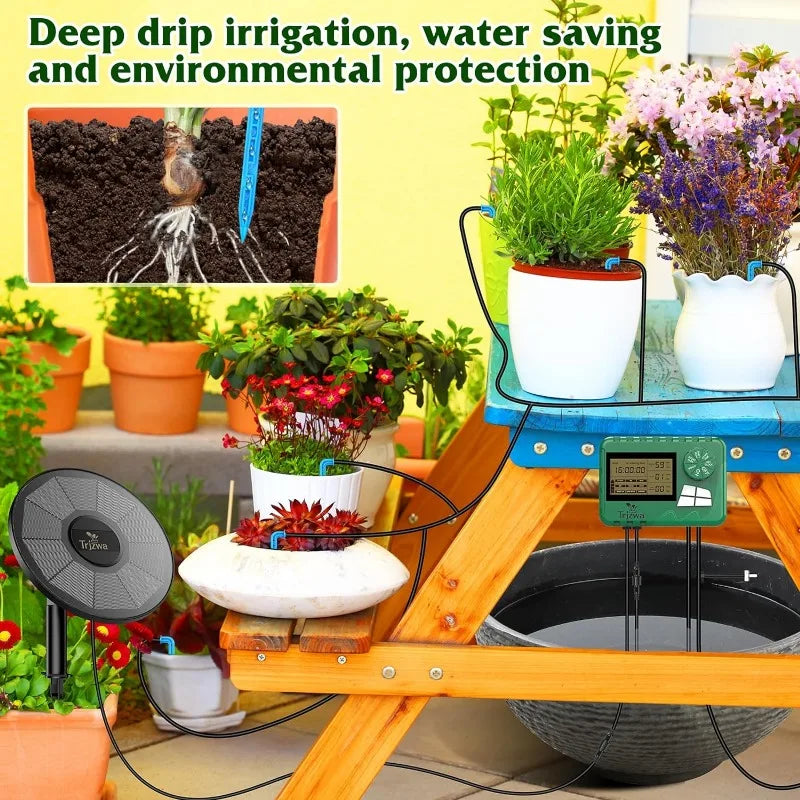 Equipo de riego solar para invernaderos. Kit de riego por goteo con manguera de 15 m para plantas en maceta con temporizador automático.