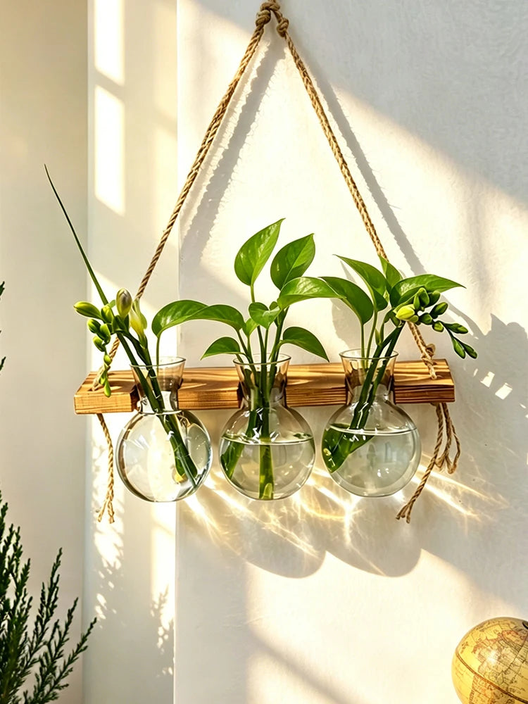 Maceta colgante, estilo bohemio con cuerda, ideal para montar en la pared. Jarrón para plantas acuáticas, perfecto para interiores, dormitorios, balcones y decoración del hogar.