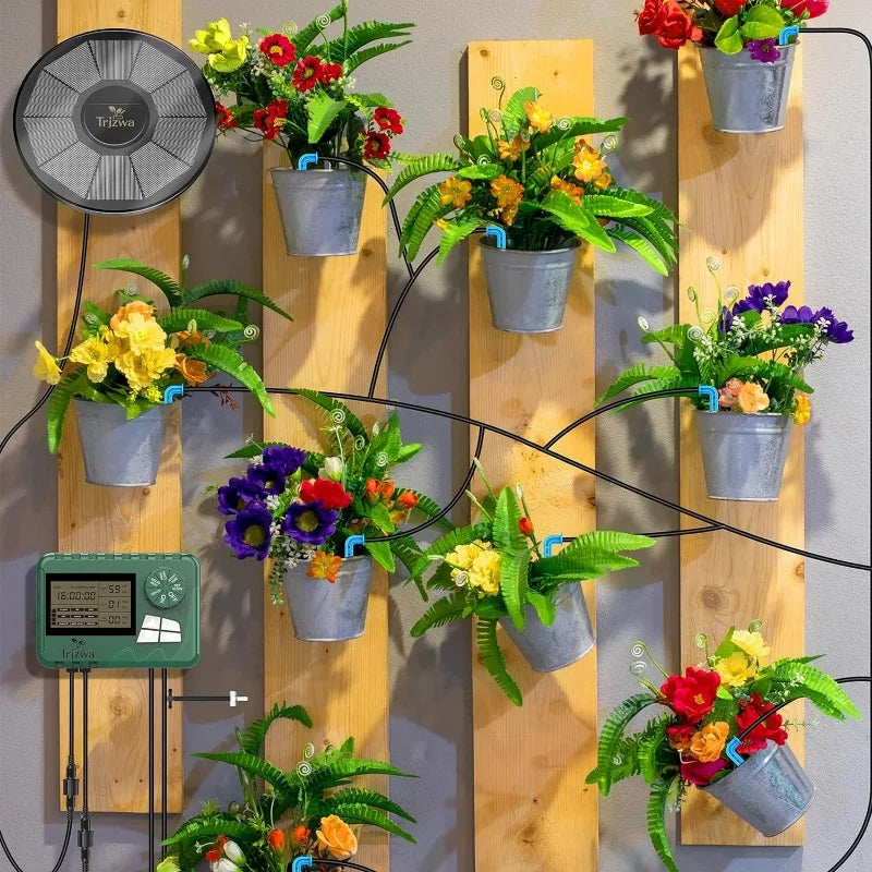 Equipo de riego solar para invernaderos. Kit de riego por goteo con manguera de 15 m para plantas en maceta con temporizador automático.
